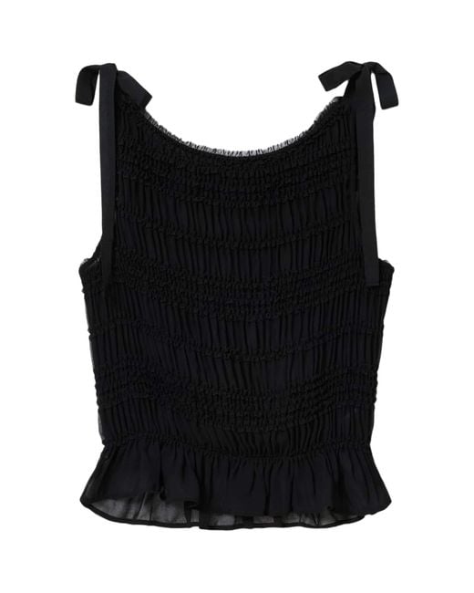AllSaints Black Shirred Boat Neck Lotus Top