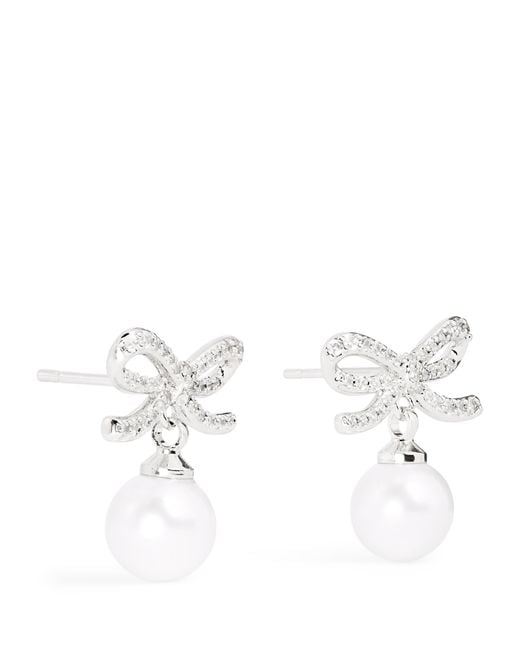 Self-Portrait White Crystal And Faux Pearl Bow Drop Earrings
