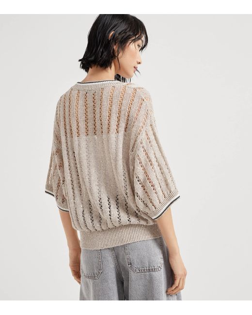 Brunello Cucinelli Natural Linen-Blend Open Knit Sweater