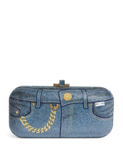 Judith Leiber Blue Embellished Jeans Long Slide Clutch Bag