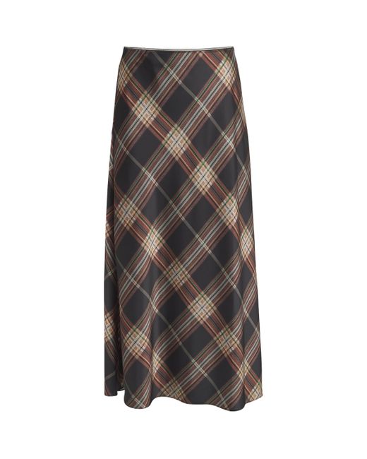 Vince Brown Satin Check Midi Skirt