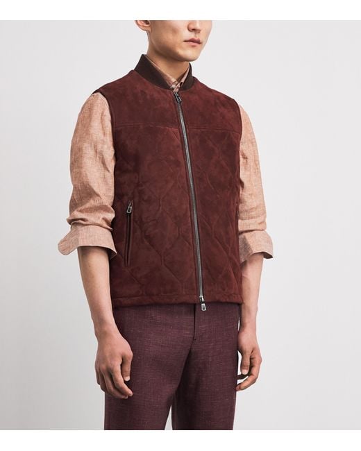 Isaia Purple Lambskin Suede Quilted Gilet for men