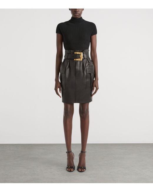 Balmain Black Lambskin Belted Midi Skirt