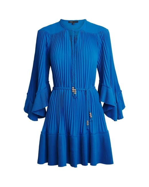 Maje Blue Pleated Belted Mini Dress
