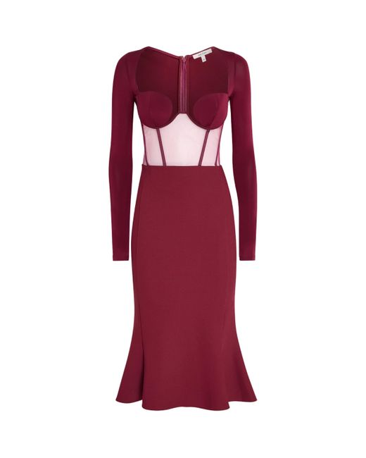 Nensi Dojaka Red Mesh Corseted Midi Dress