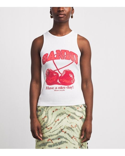 Ganni White Organic Cotton Graphic Tank Top