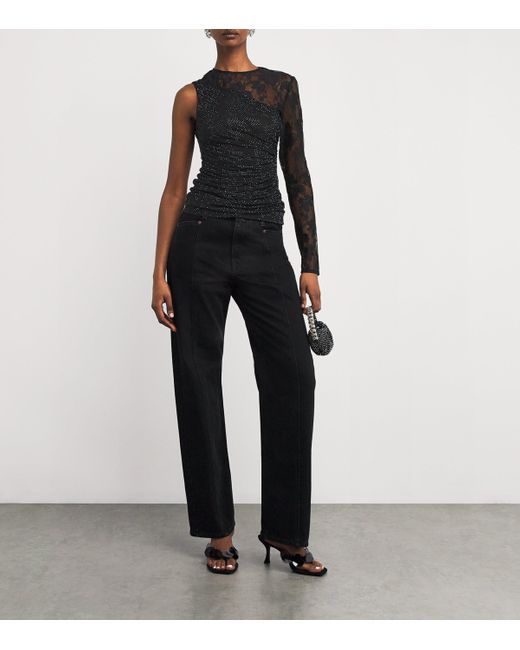 Self-Portrait Black Rhinestone-Lace One-Shoulder Top