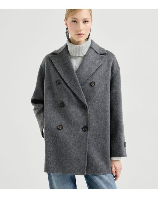 Brunello Cucinelli Gray Cashmere Double Beaver Cloth Pea Coat