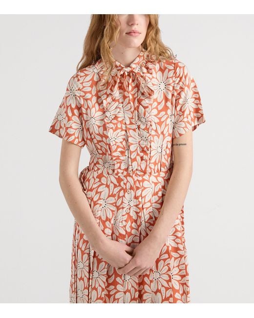 Prada Pink Pongé Printed Pleated Midi Shirt Dress