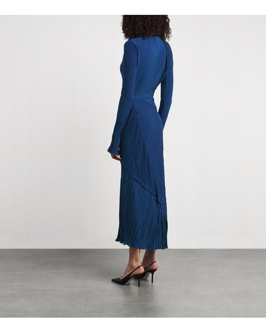 Victoria Beckham Blue Plisse Long-Sleeve Midi Dress