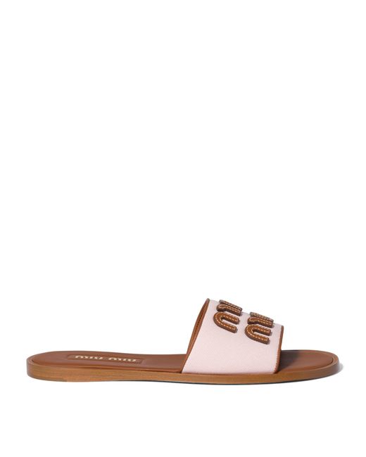 Miu Miu Brown Canvas-Leather Logo Sandals