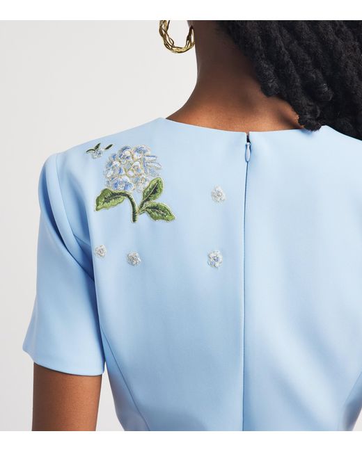 Carolina Herrera Blue Crepe Floral Embroidered Gown