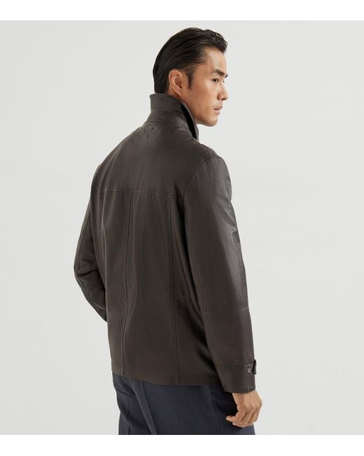 Brunello Cucinelli Black Leather Field Jacket for men