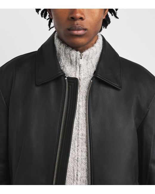 Moose Knuckles Black Shearling-Trim Leather Bomber Jacket for men