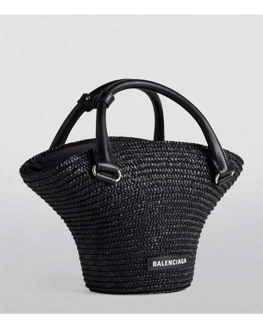 Balenciaga Mini Straw Beach Tote Bag in Black | Lyst UK