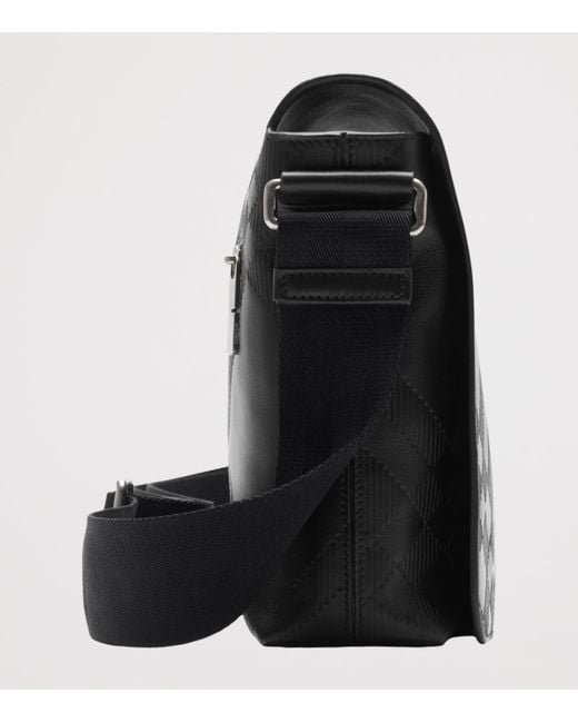 Burberry Black Leather Check-Embossed Messenger Bag for men