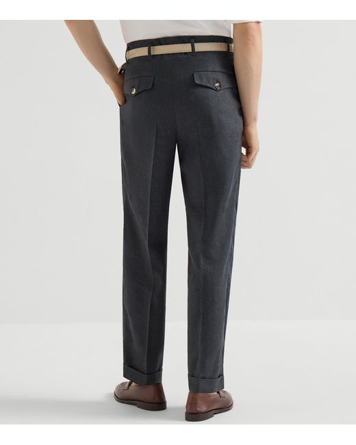 Brunello Cucinelli Black Linen-Wool Chevron Tailored Trousers for men