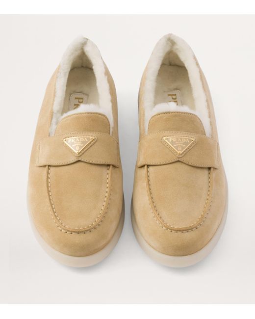 Prada Natural Suede-Shearling Triangle Loafers