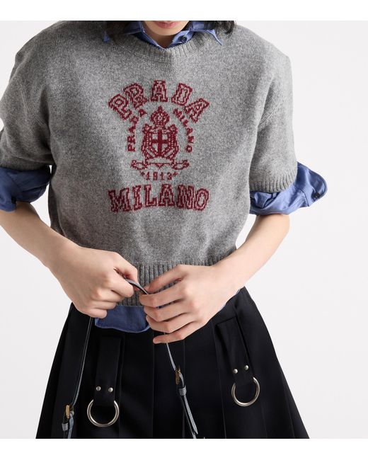 Prada Gray Wool-Cashmere Logo Sweater