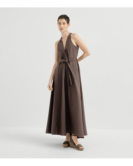Brunello Cucinelli Brown Techno-Cotton Poplin Belted Maxi Dress