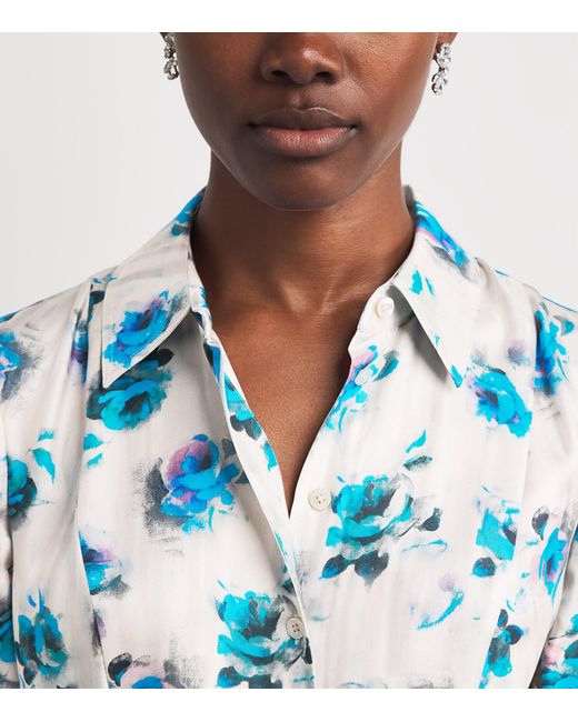 Tory Burch Blue Silk Floral Midi Shirt Dress