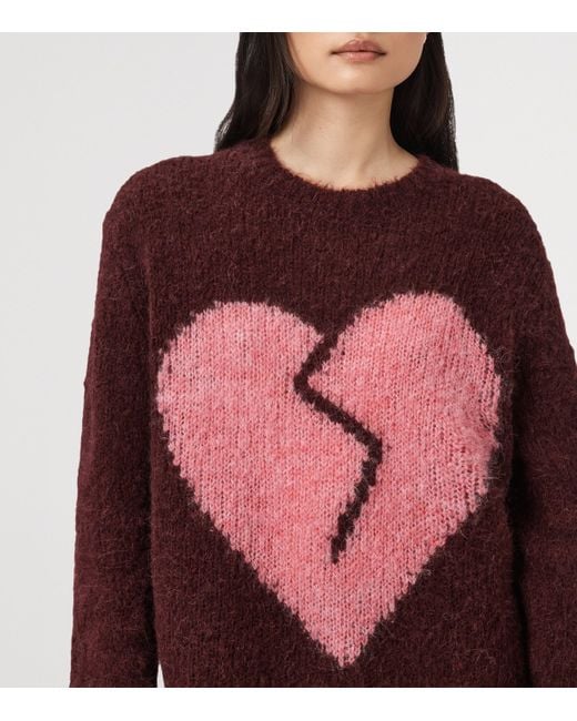 AllSaints Red Wool-Blend Luv Heart Crewneck Sweater