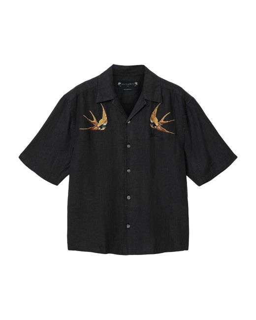 AllSaints Black Linen Embroidered Avia Shirt for men