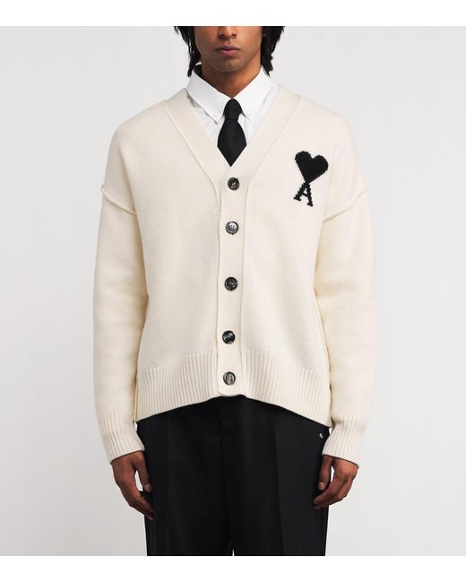 AMI Natural Virgin Wool Ami De Coeur Cardigan for men