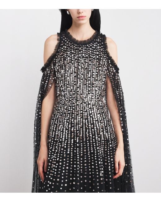 Needle & Thread Black Sequin Cape-Detail Moonlight Maxi Dress