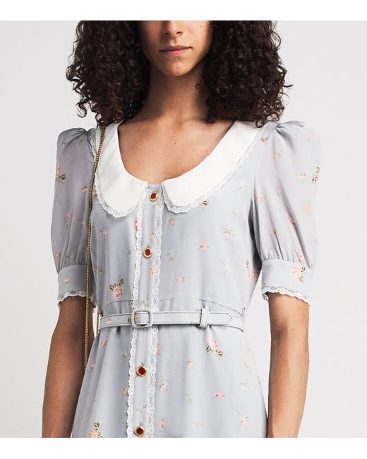 Alessandra Rich Gray Floral Print Belted Midi Dress