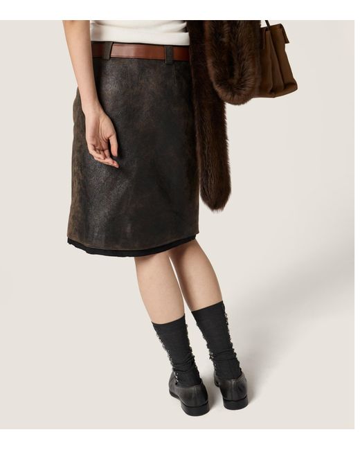 Miu Miu Black Distressed Leather Midi Skirt