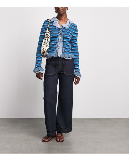 Ganni Blue Cotton Stripe Cropped Cardigan