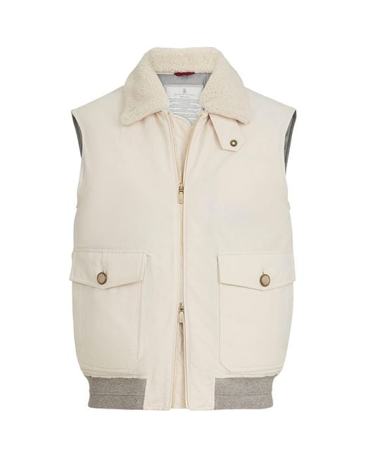 Brunello Cucinelli White Waxed Shearling-Collar Gilet for men