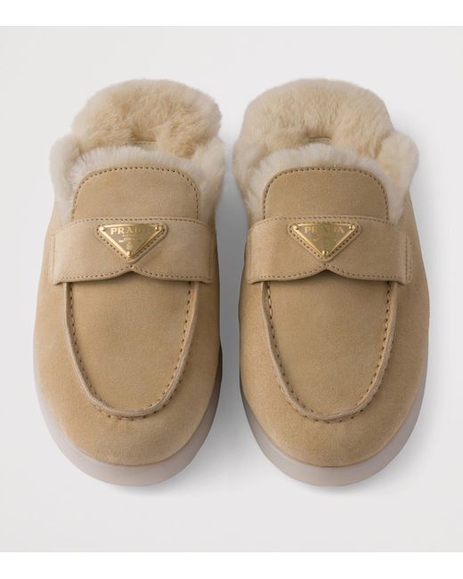 Prada Natural Suede Shearling-Lined Mules
