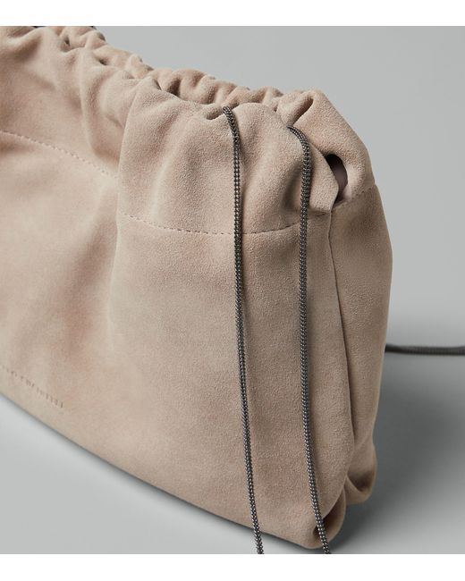 Brunello Cucinelli Gray Suede Monili-trim Shoulder Bag