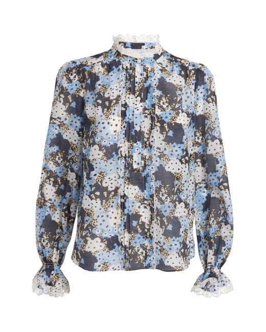 ME+EM Blue Cotton-Silk Meadow Print Blouse