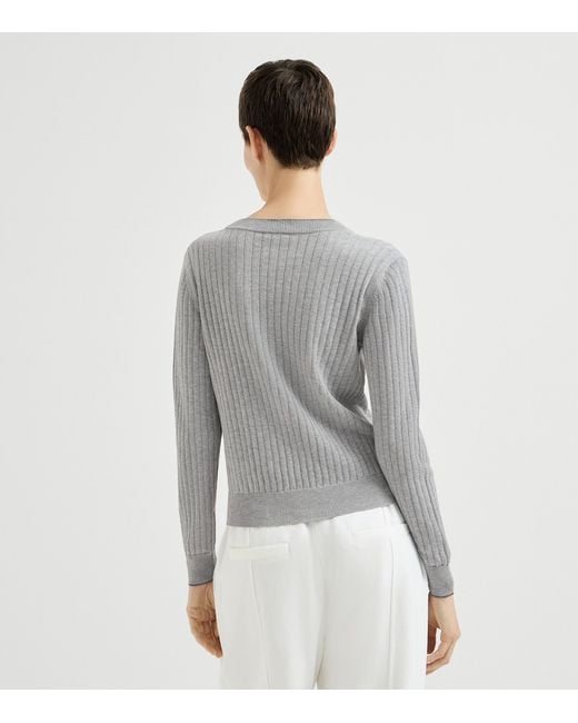 Brunello Cucinelli Gray Cotton Ribbed V-Neck Sweater