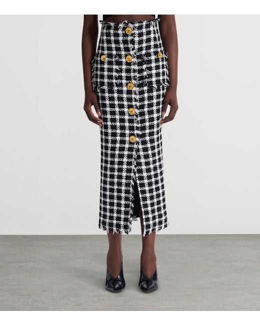 Balmain Black Gingham Tweed Long Skirt