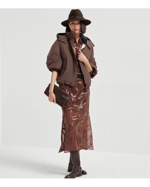 Brunello Cucinelli Brown Silk Embellished Midi Skirt