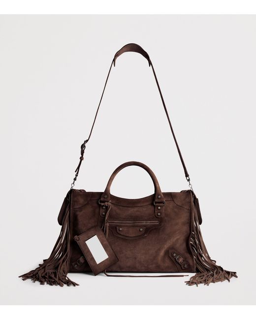 Balenciaga Brown Medium Suede Fringe Le City Top-Handle Bag