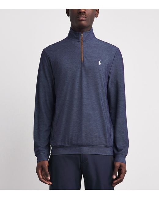 Ralph Lauren Blue Mesh Polo Pony Quarter-Zip Sweatshirt for men