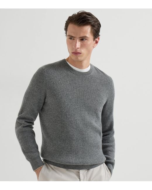 Brunello Cucinelli Gray Cashmere Ribbed Sweater for men