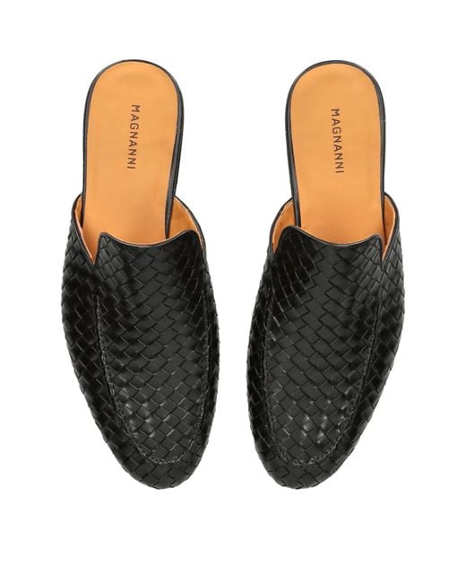 Magnanni Shoes Black Leather Woven Mules for men