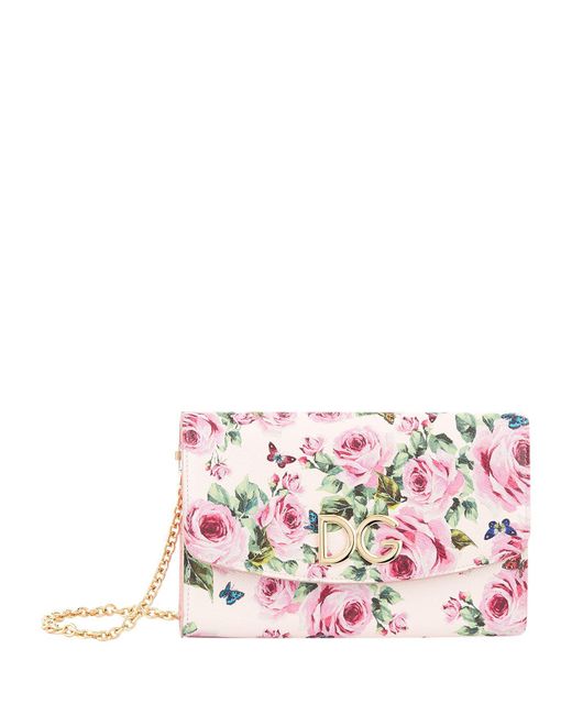Dolce & Gabbana Pink Rose Print Leather Wallet Bag