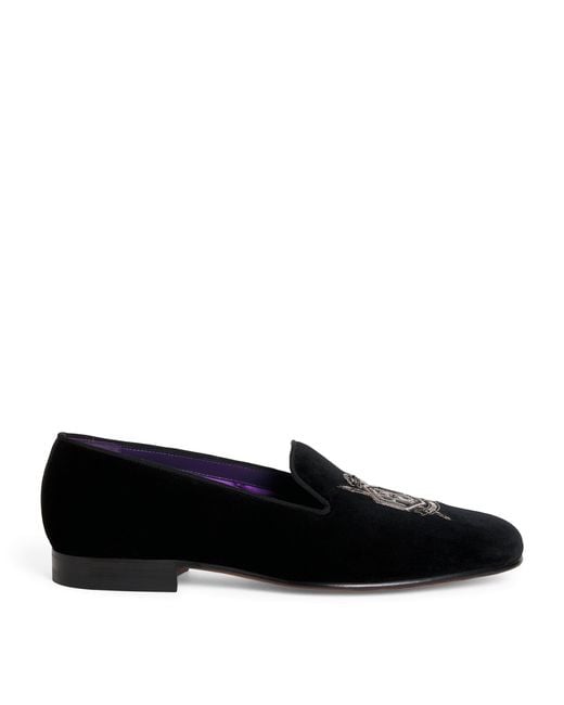 Ralph Lauren Black Velvet Crest-Embellished Slippers for men