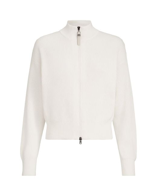 Brunello Cucinelli White Cotton Zip-Front Cardigan