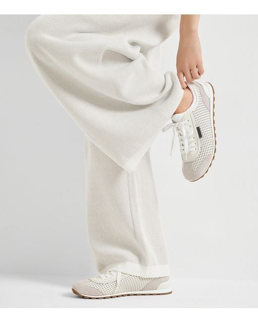 Brunello Cucinelli White Leather Net-Trim Sneakers