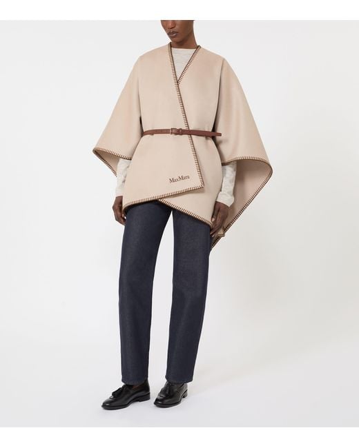 Max Mara Natural Virgin Wool Logo Cape And Belt