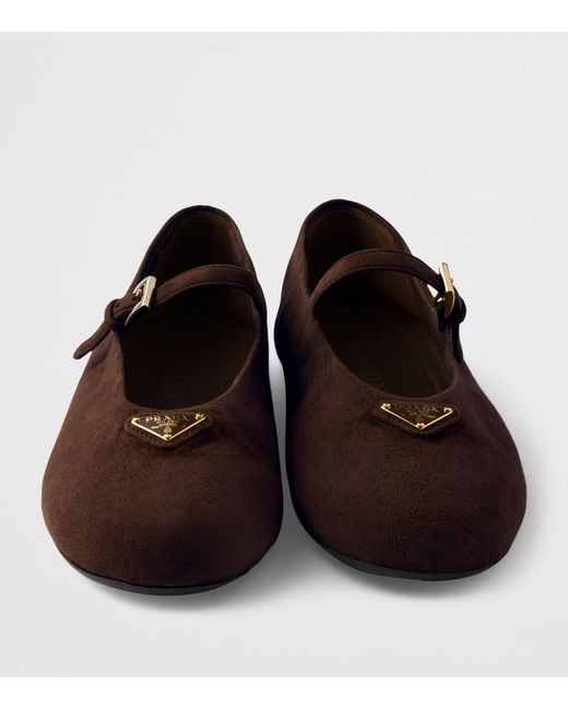 Prada Brown Suede Logo Ballet Flats