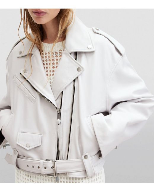 AllSaints White Leather Cropped Dayle Biker Jacket